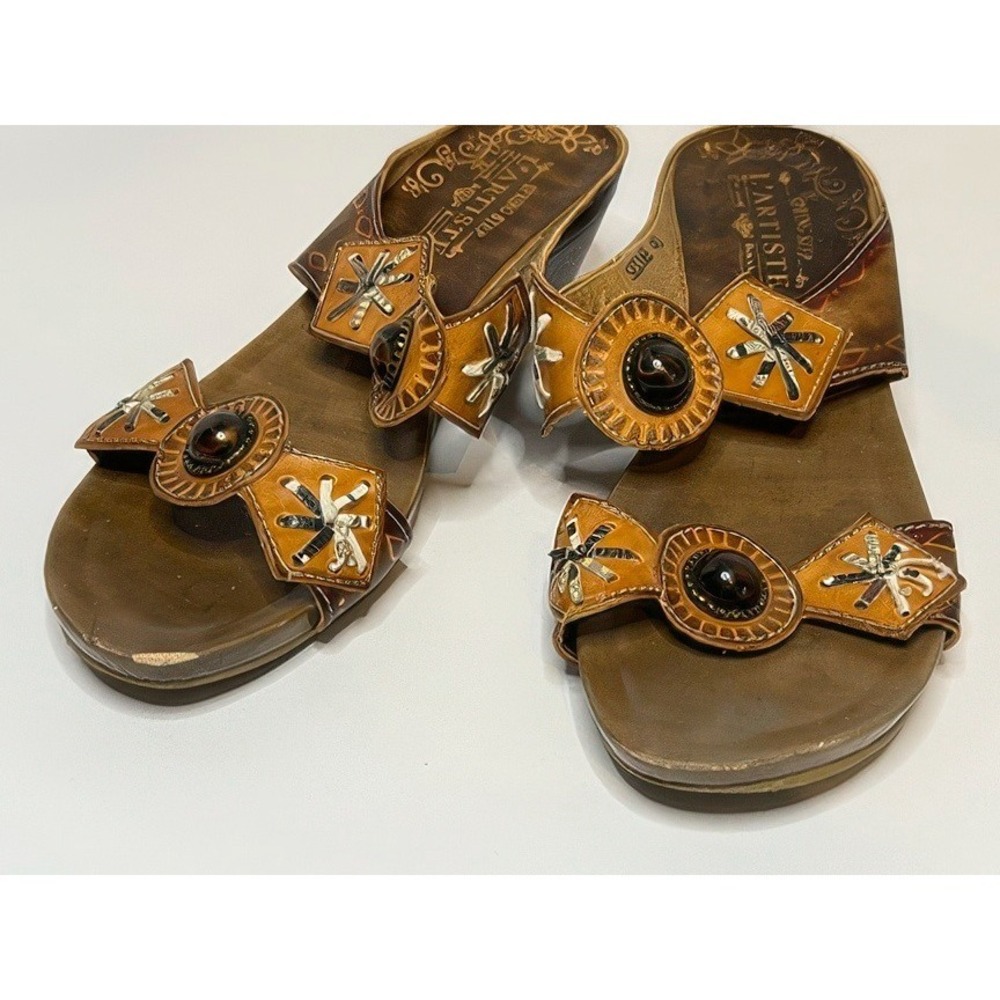 Spring Step L'Artiste Leather Floral Sandals "Sesame" Women US 9 Boho Festival